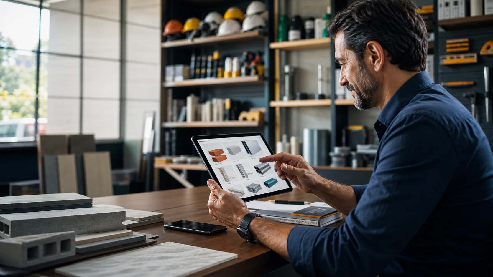 Representante comercial usando um catálogo de materiais no tablet